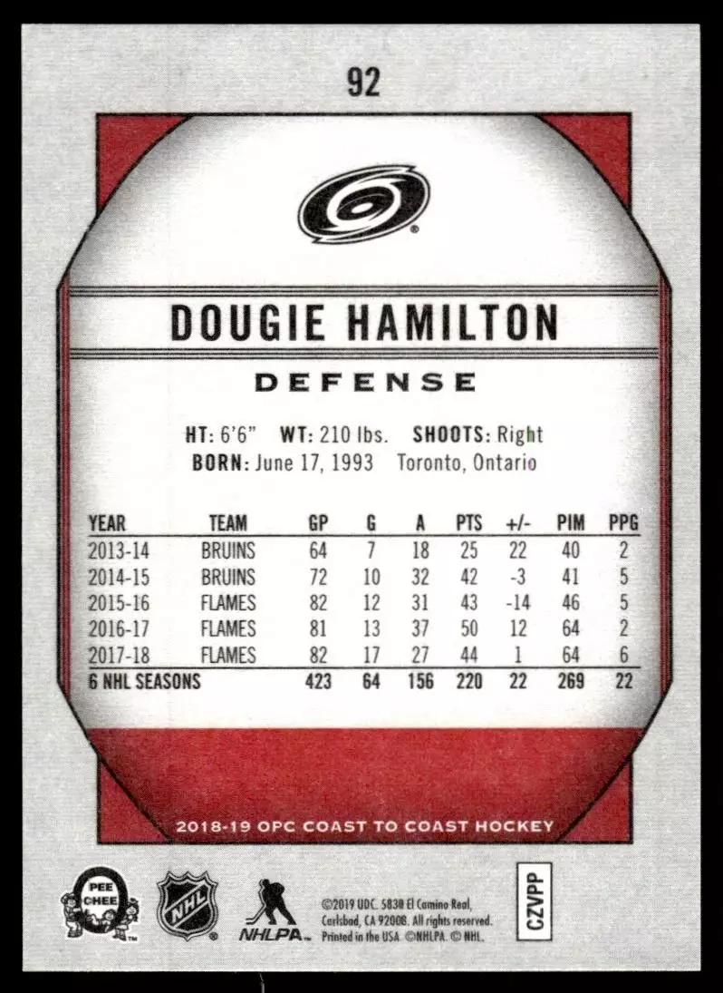 2018-19 O-Pee-Chee Coast to Coast #92 Dougie Hamilton 1