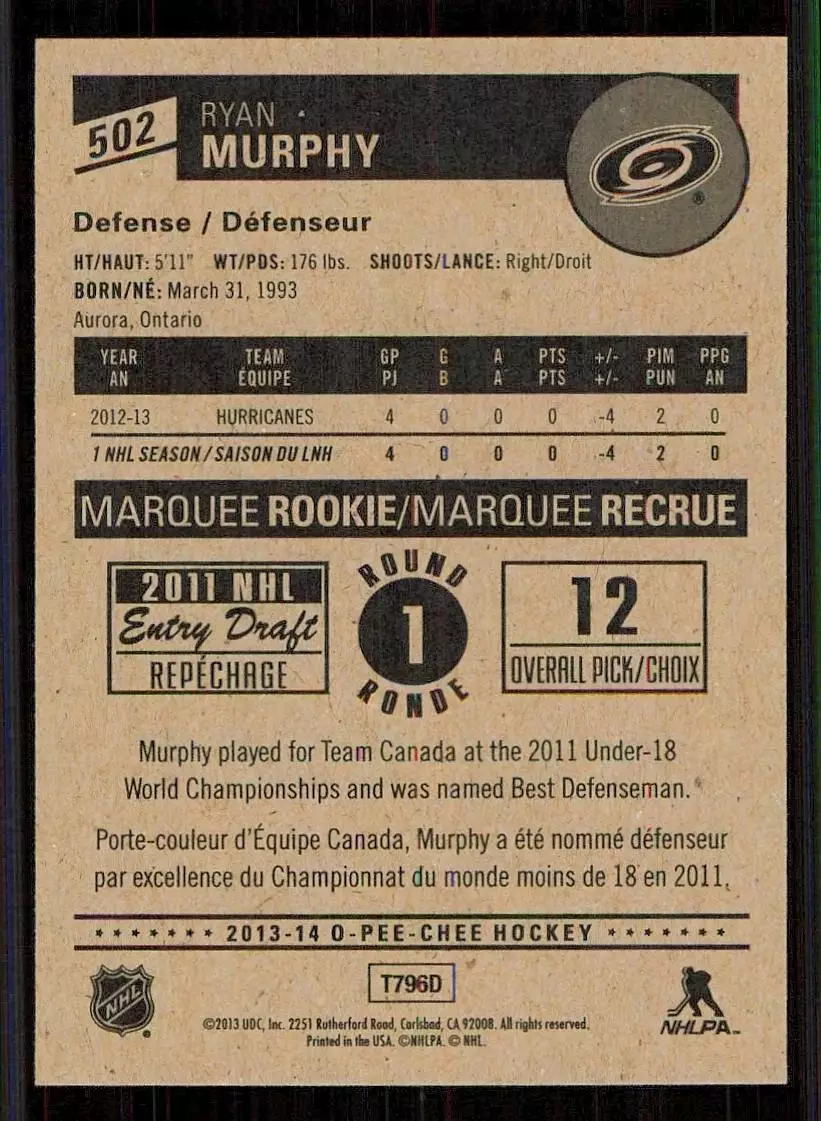 2013-14 O-Pee-Chee #502 Ryan Murphy RC 1