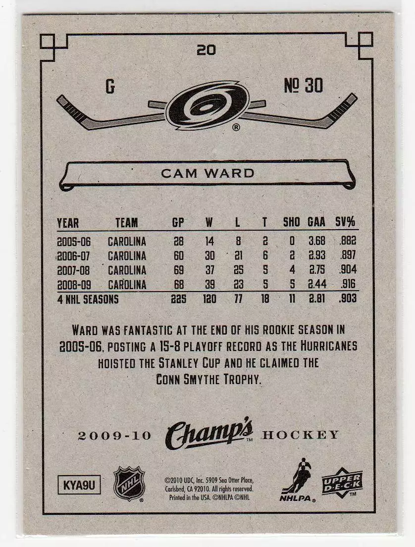 2009-10 Upper Deck Champ's Green #20 Cam Ward 1