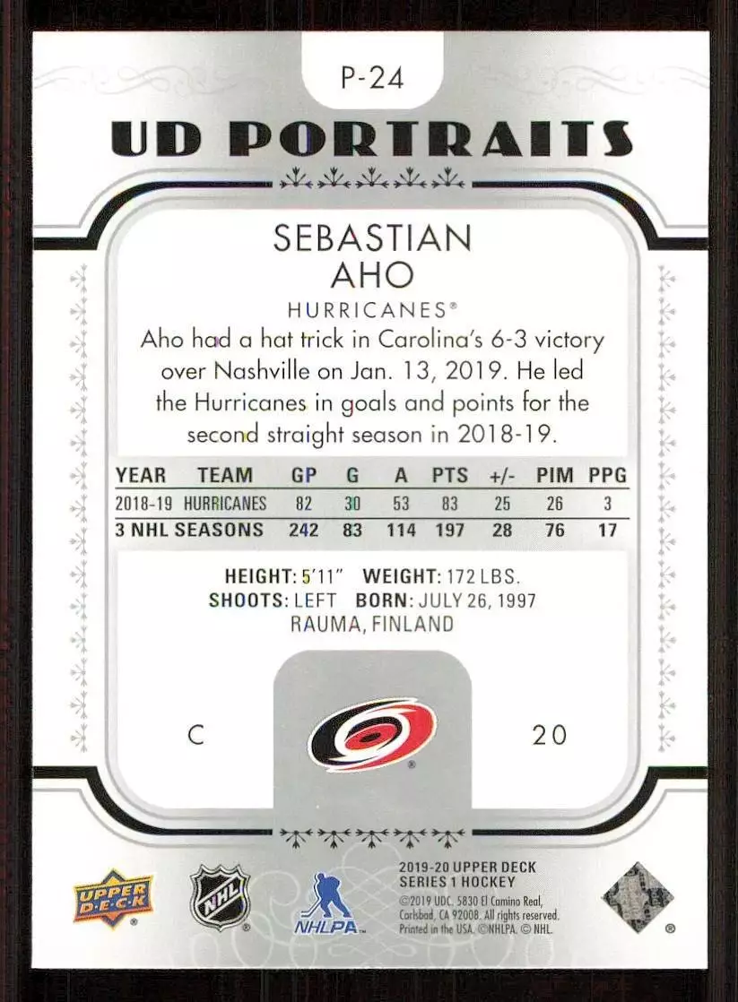 2019-20 Upper Deck UD Portraits #P24 Sebastian Aho 1