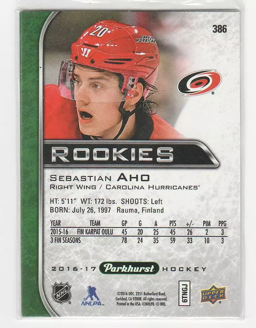 2016-17 Parkhurst #386 Sebastian Aho RC 1