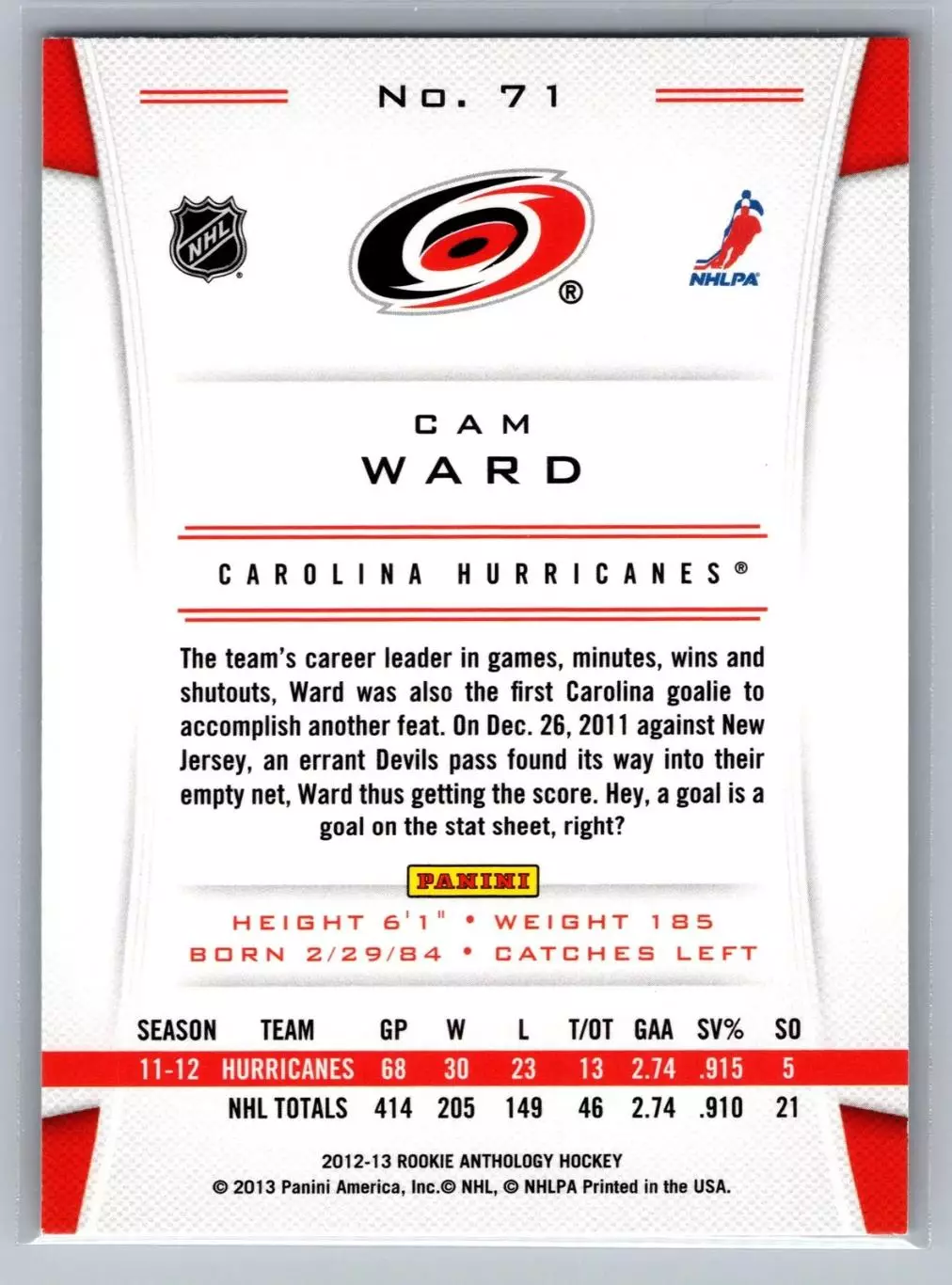2012-13 Panini Rookie Anthology #71 Cam Ward 1