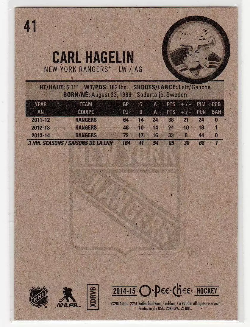 2014-15 O-Pee-Chee #41 Carl Hagelin 1