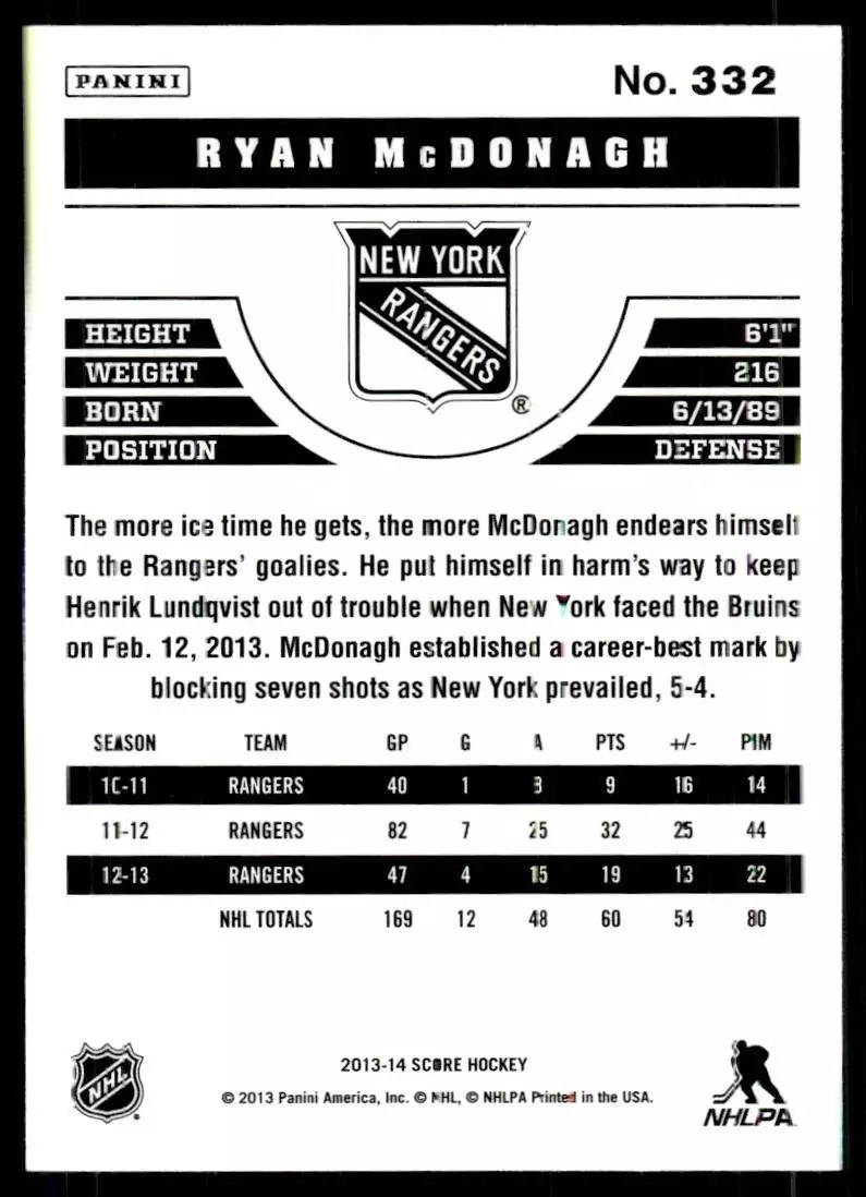 2013-14 Score #332 Ryan McDonagh 1