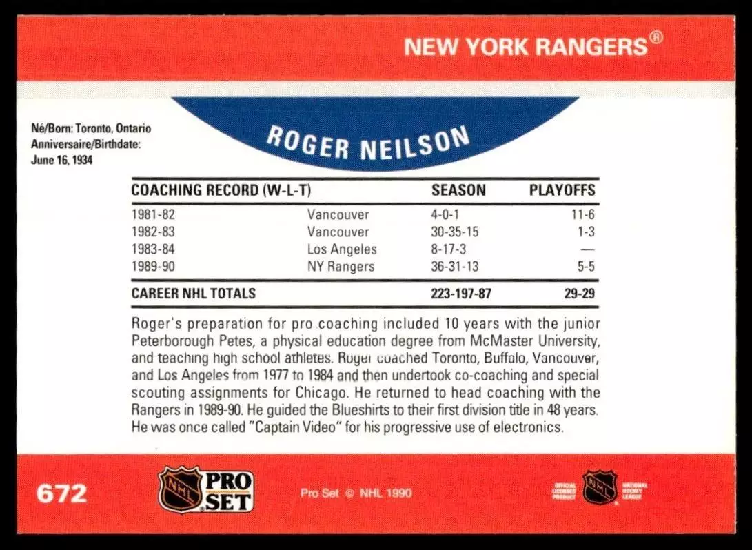 1990-91 Pro Set #672 Roger Neilson CO RC 1