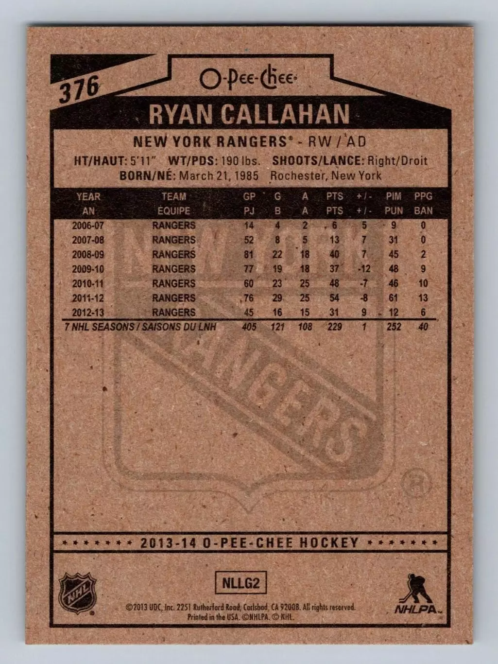 2013-14 O-Pee-Chee #376 Ryan Callahan 1