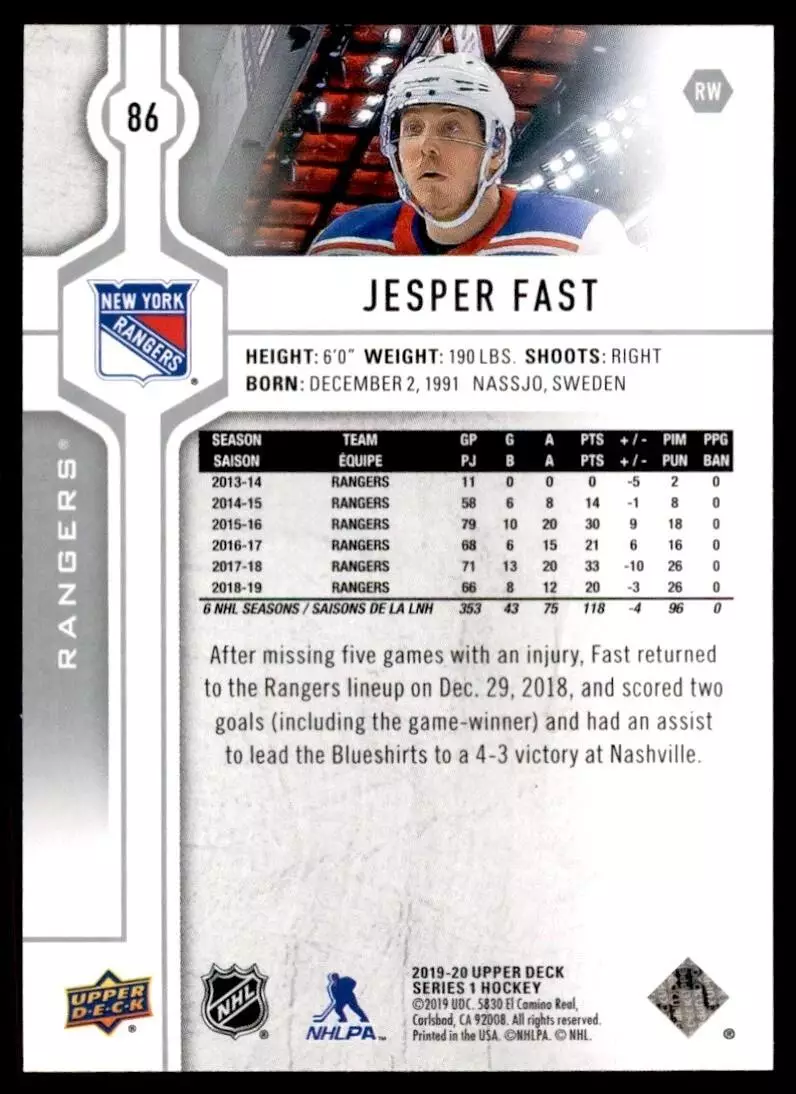 2019-20 Upper Deck #86 Jesper Fast 1