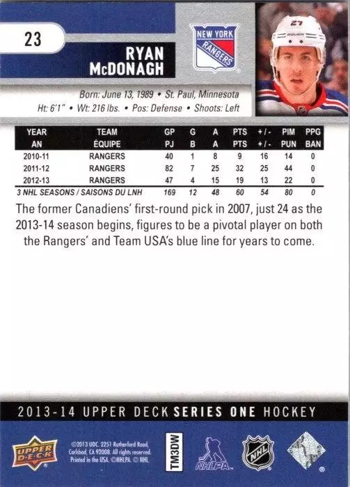 2013-14 Upper Deck #23 Ryan McDonagh 1