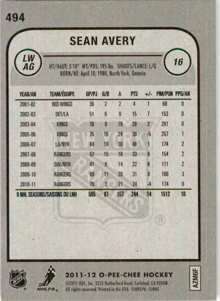 2011-12 O-Pee-Chee #494 Sean Avery 1