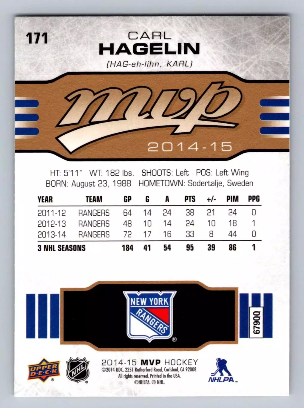 2014-15 Upper Deck MVP #171 Carl Hagelin 1