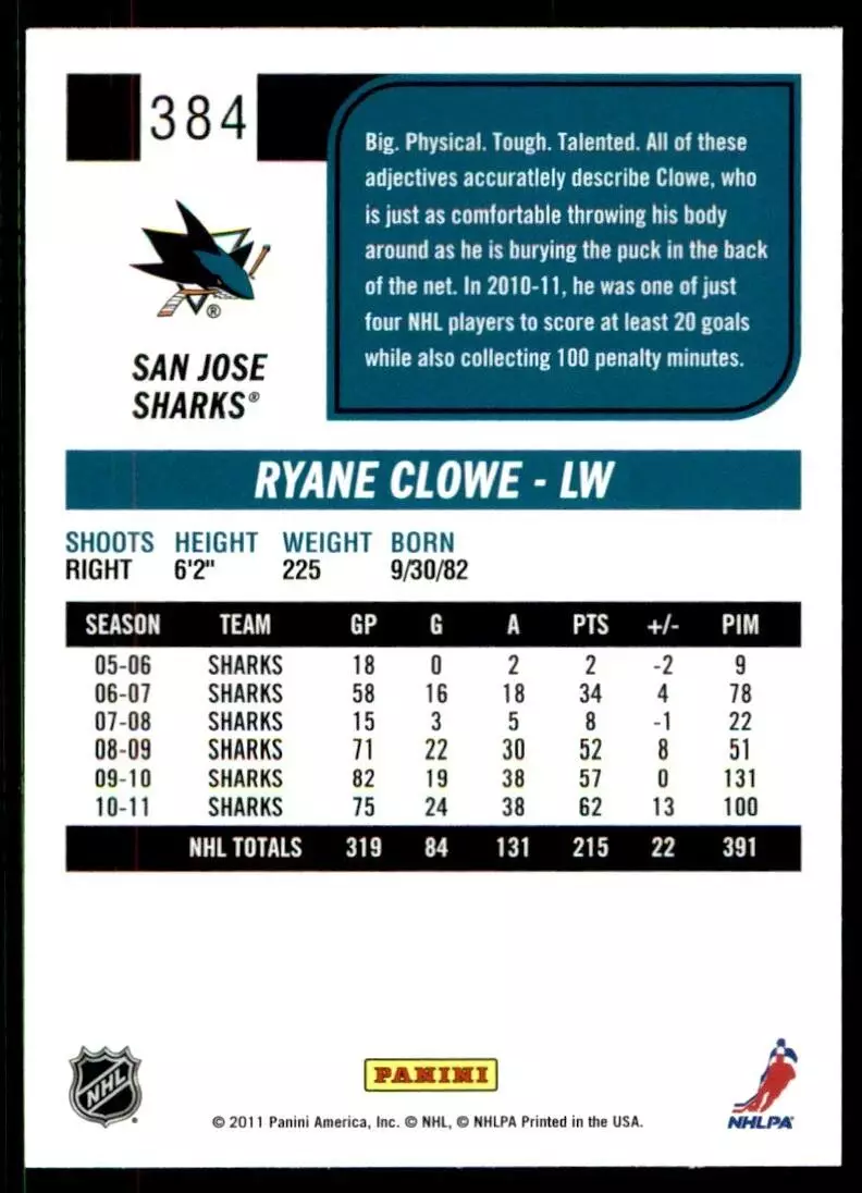 2011-12 Score #384 Ryane Clowe 1