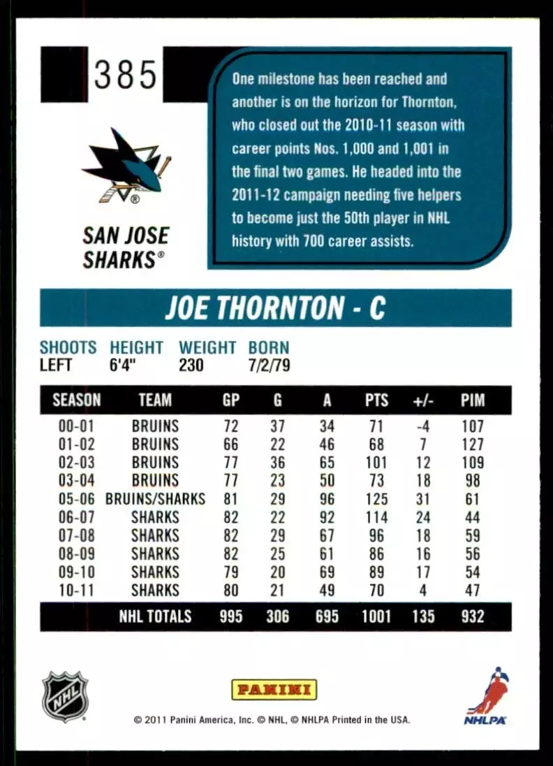 2011-12 Score #385 Joe Thornton 1