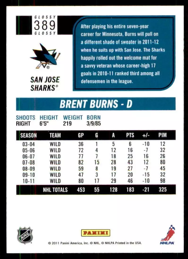 2011-12 Score Glossy #389 Brent Burns 1