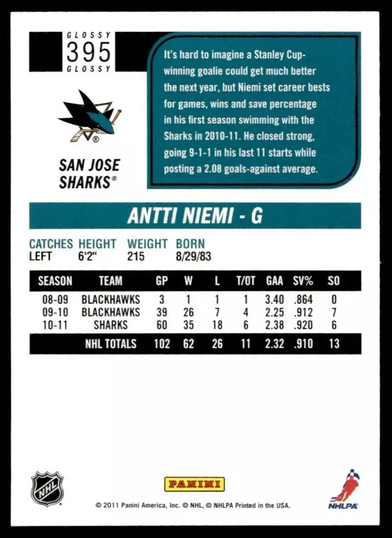 2011-12 Score Glossy #395 Antti Niemi 1