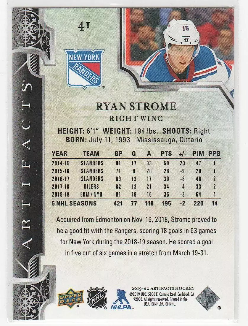 2019-20 Artifacts #41 Ryan Strome 1