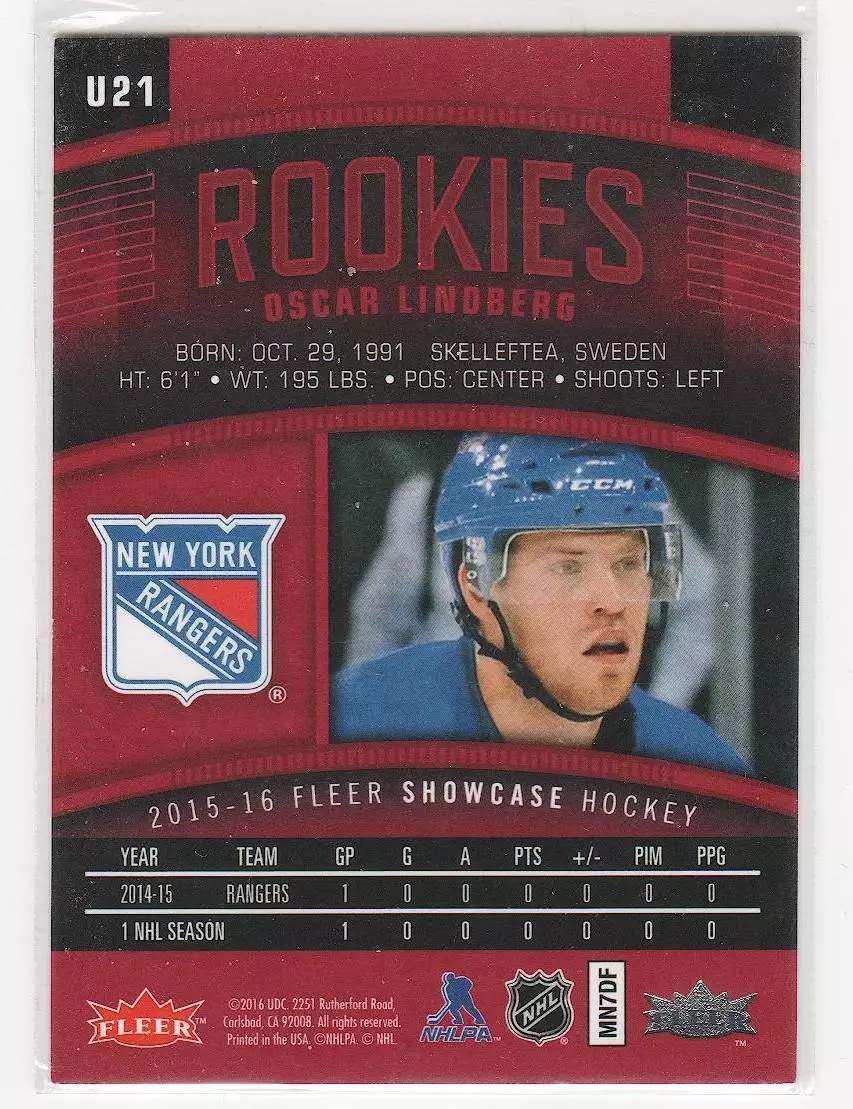 2015-16 Fleer Showcase Ultra Rookies Platinum Medallion#U21Oscar Lindberg 85\99 1