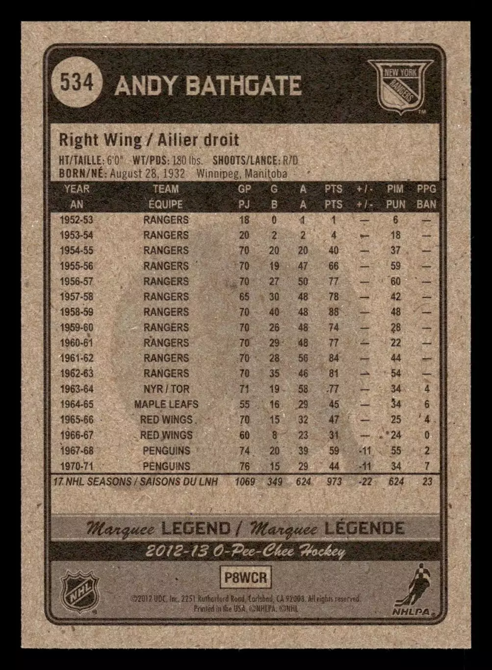 2012-13 O-Pee-Chee #534 Andy Bathgate L 1