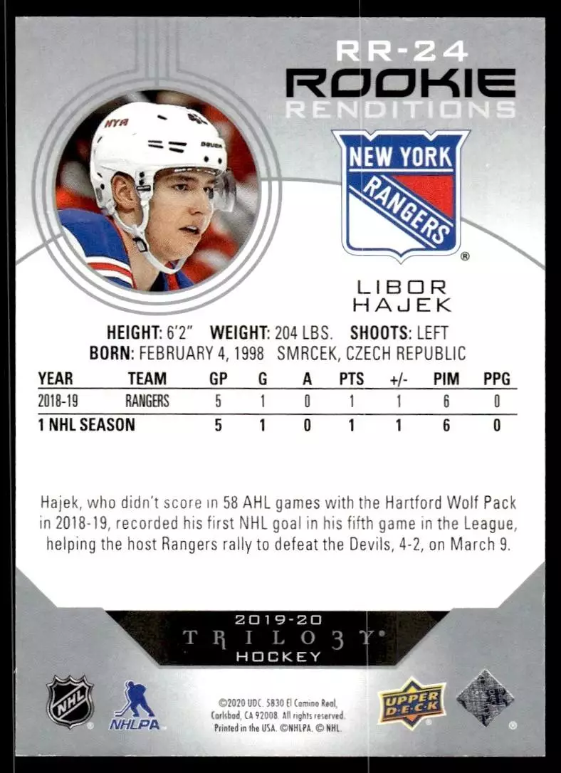 2019-20 Upper Deck Trilogy Rookie Renditions #RR24 Libor Hajek 1