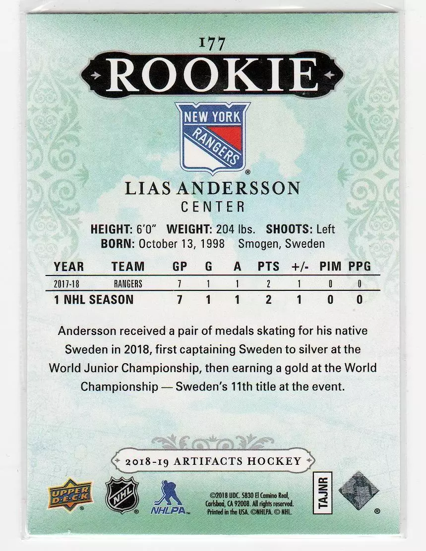 2018-19 Artifacts #177 Lias Andersson RC 944\999 1