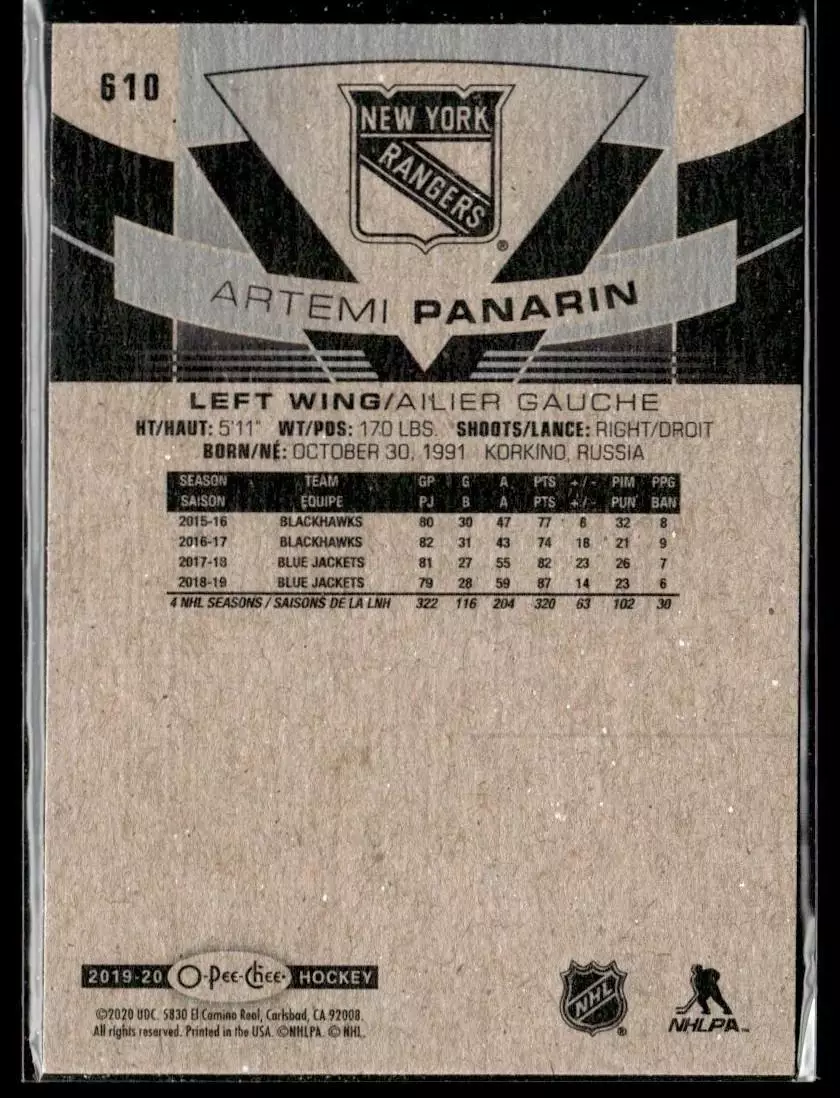 2019-20 O-Pee-Chee #610 Artemi Panarin 1
