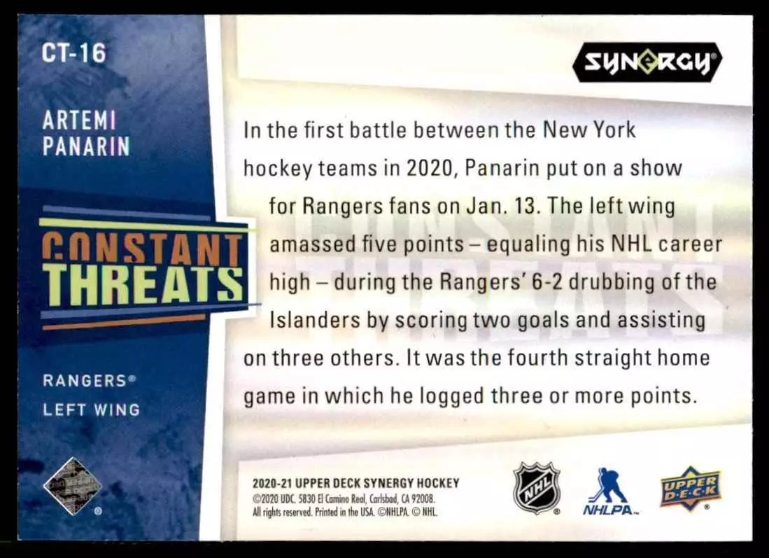 2020-21 Synergy Constant Threats #CT16 Artemi Panarin 1