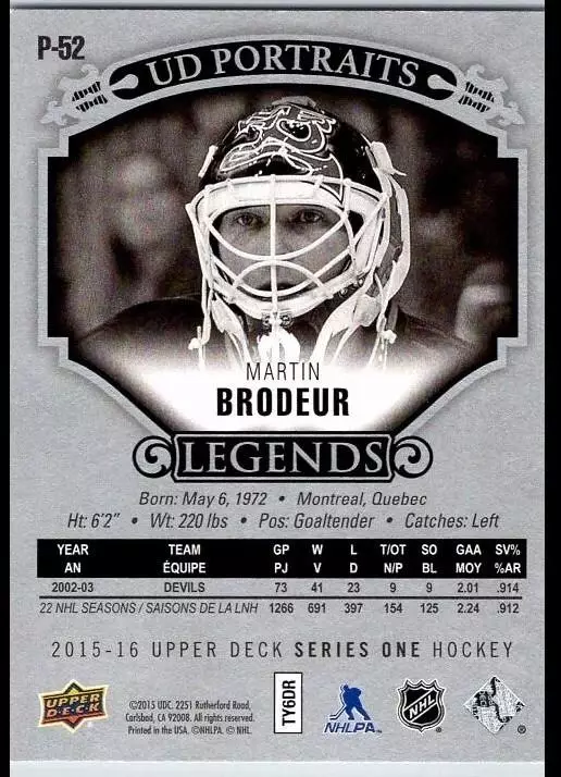 2015-16 Upper Deck UD Portraits #P52 Martin Brodeur LEG 1