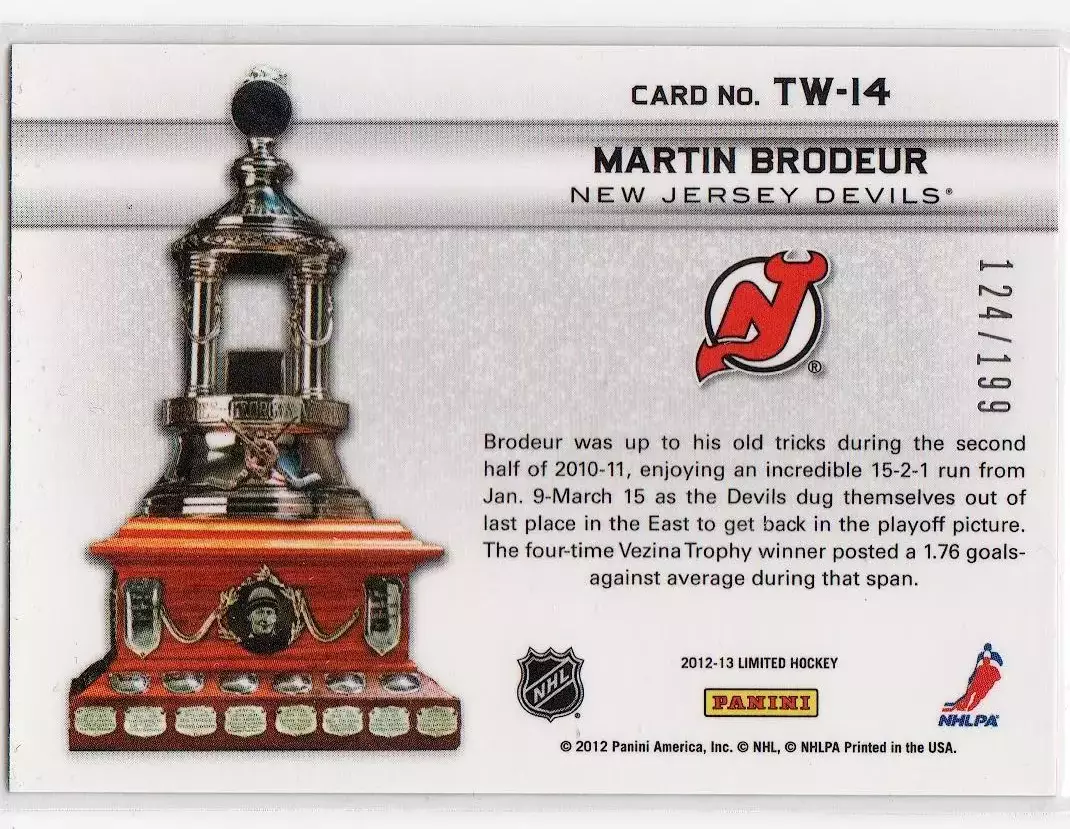 2012-13 Limited Trophy Winners #TW14 Martin Brodeur 124\199 1