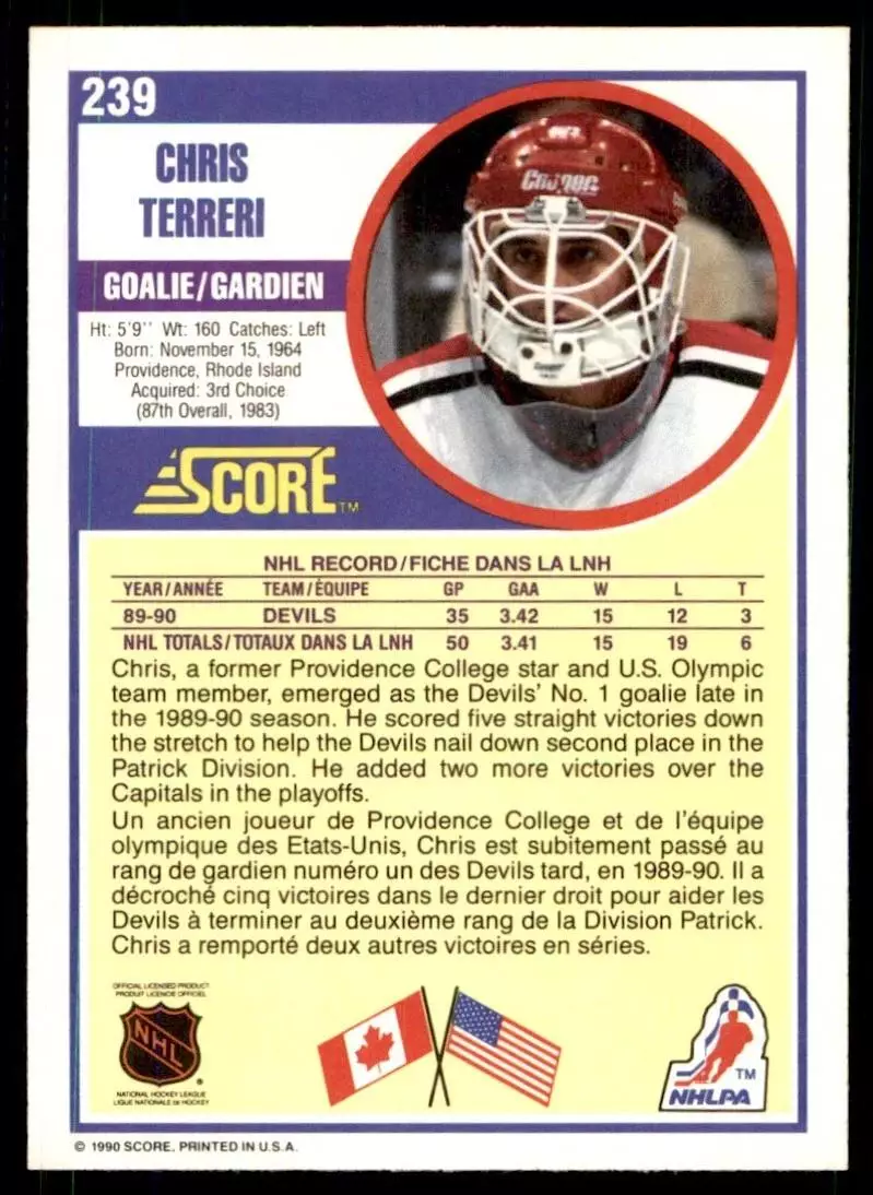 1990-91 Score #239 Chris Terreri RC 1