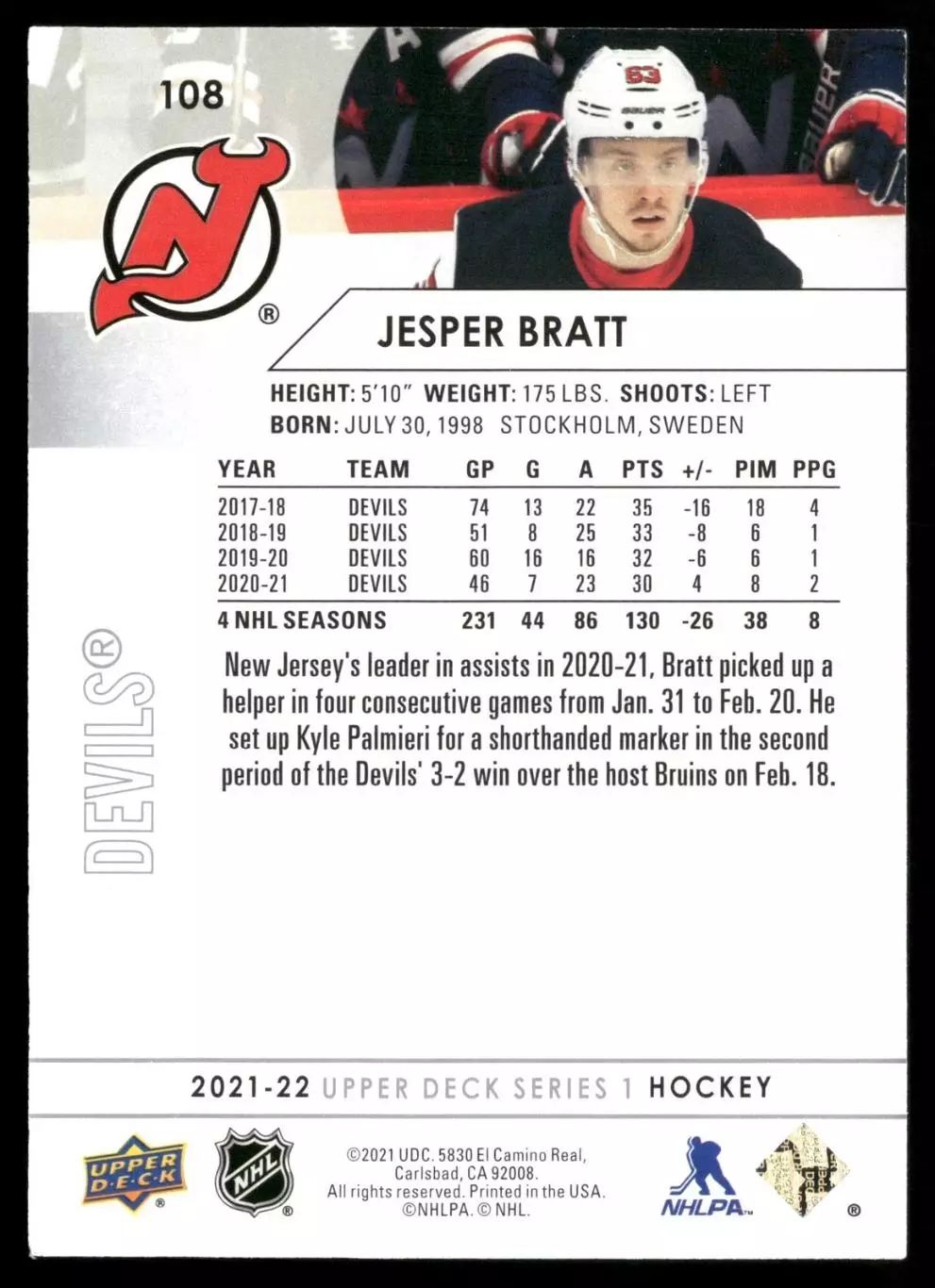 2021-22 Upper Deck #108 Jesper Bratt 1