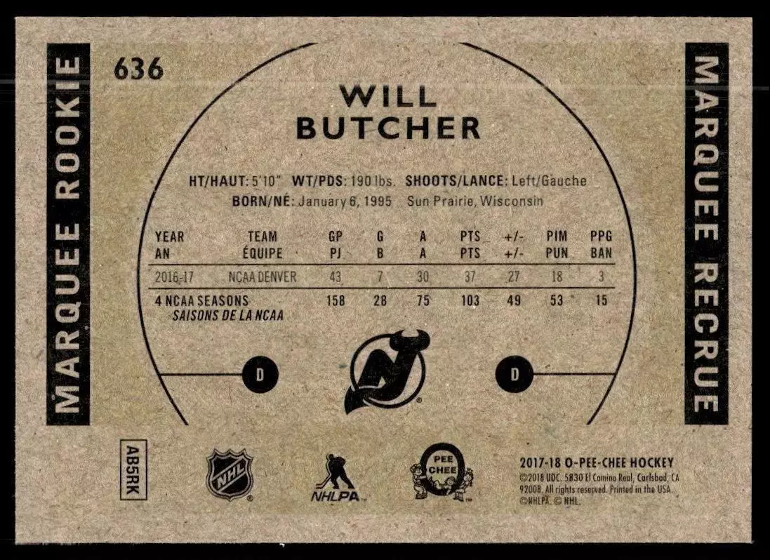 2017-18 O-Pee-Chee Retro #636 Will Butcher 1