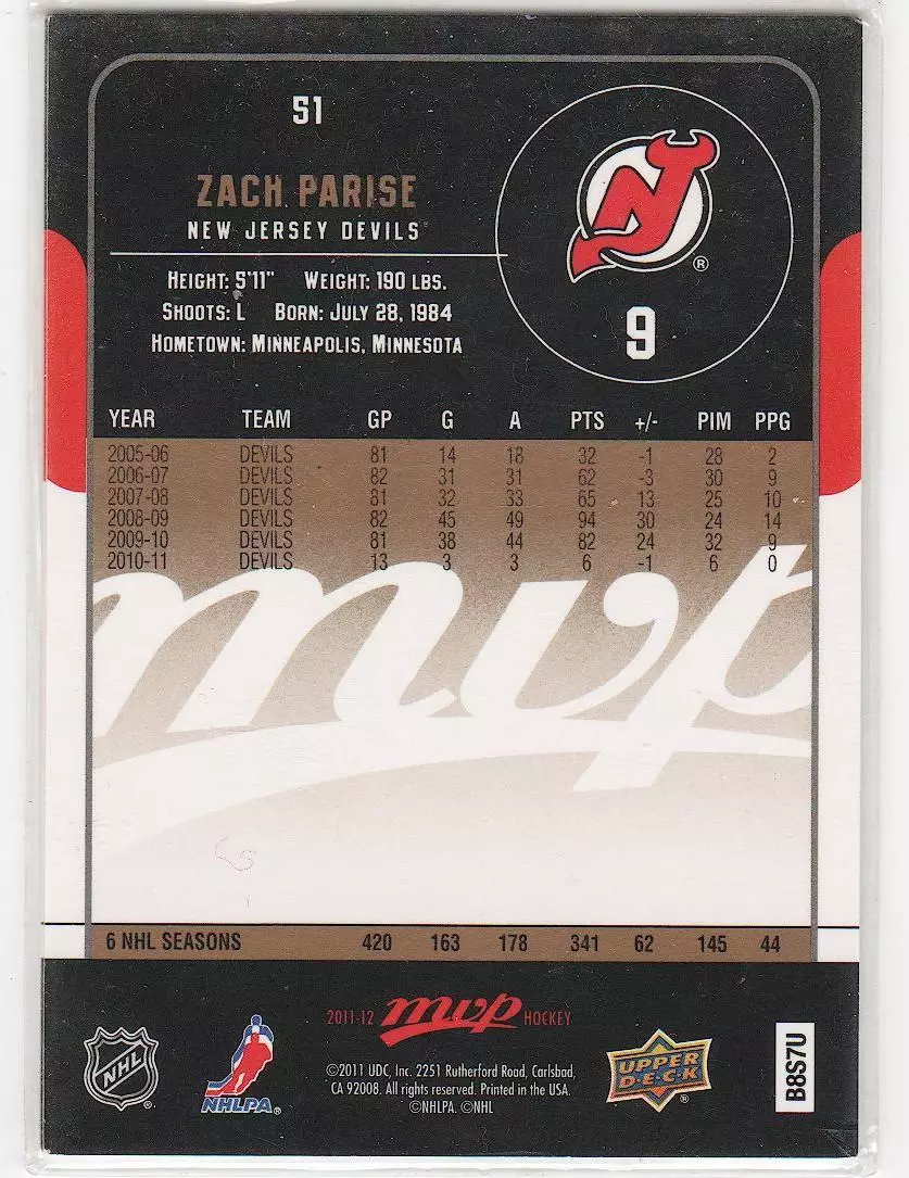2011-12 Upper Deck MVP #51 Zach Parise 1