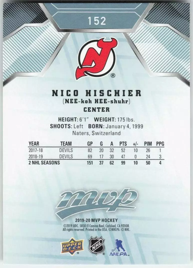 2019-20 Upper Deck MVP #152 Nico Hischier 1