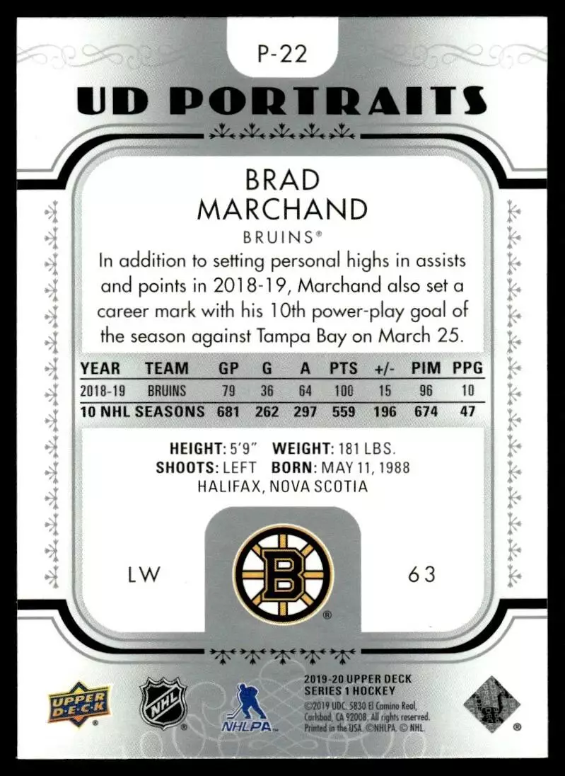 2019-20 Upper Deck UD Portraits #P22 Brad Marchand 1