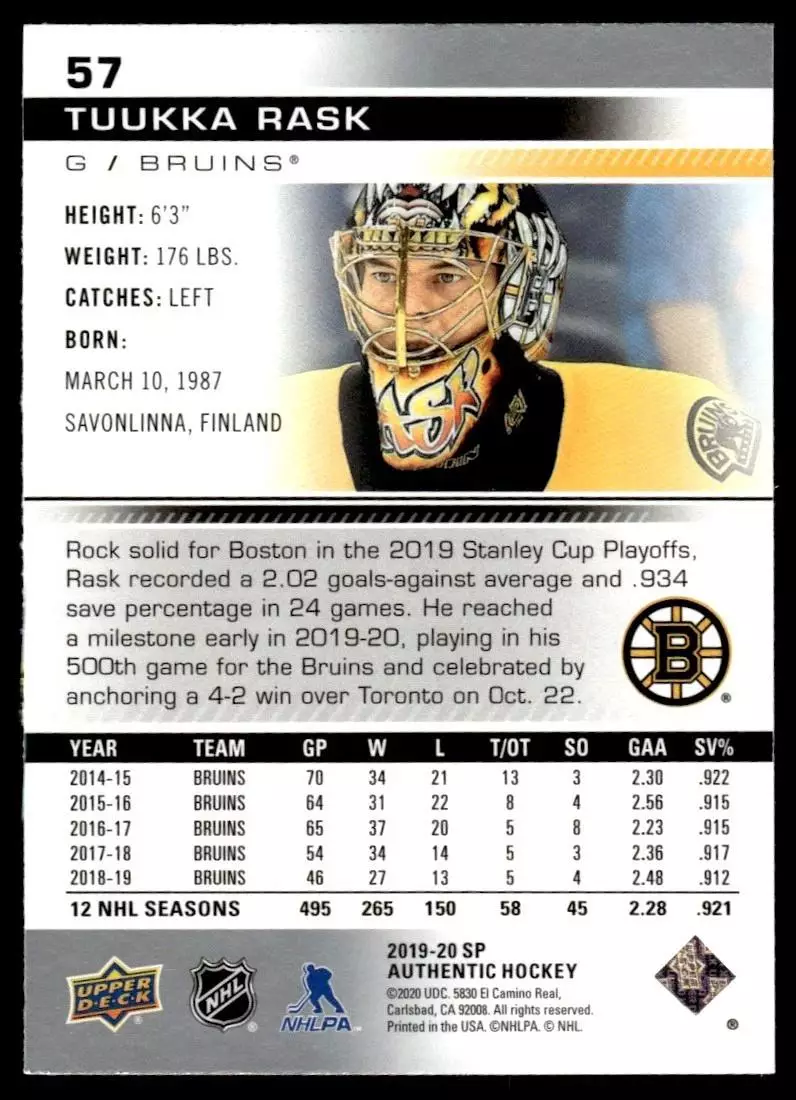 2019-20 SP Authentic #57 Tuukka Rask 1