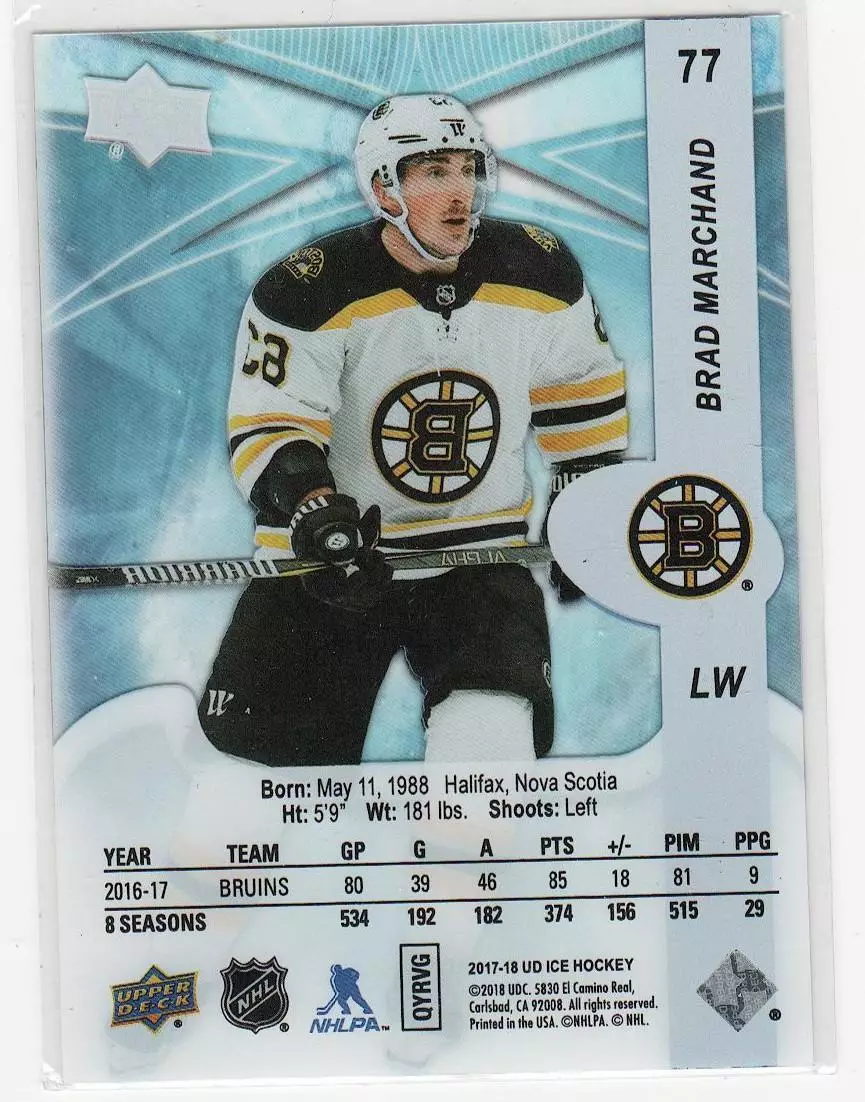 2017-18 Upper Deck Ice #77 Brad Marchand 1