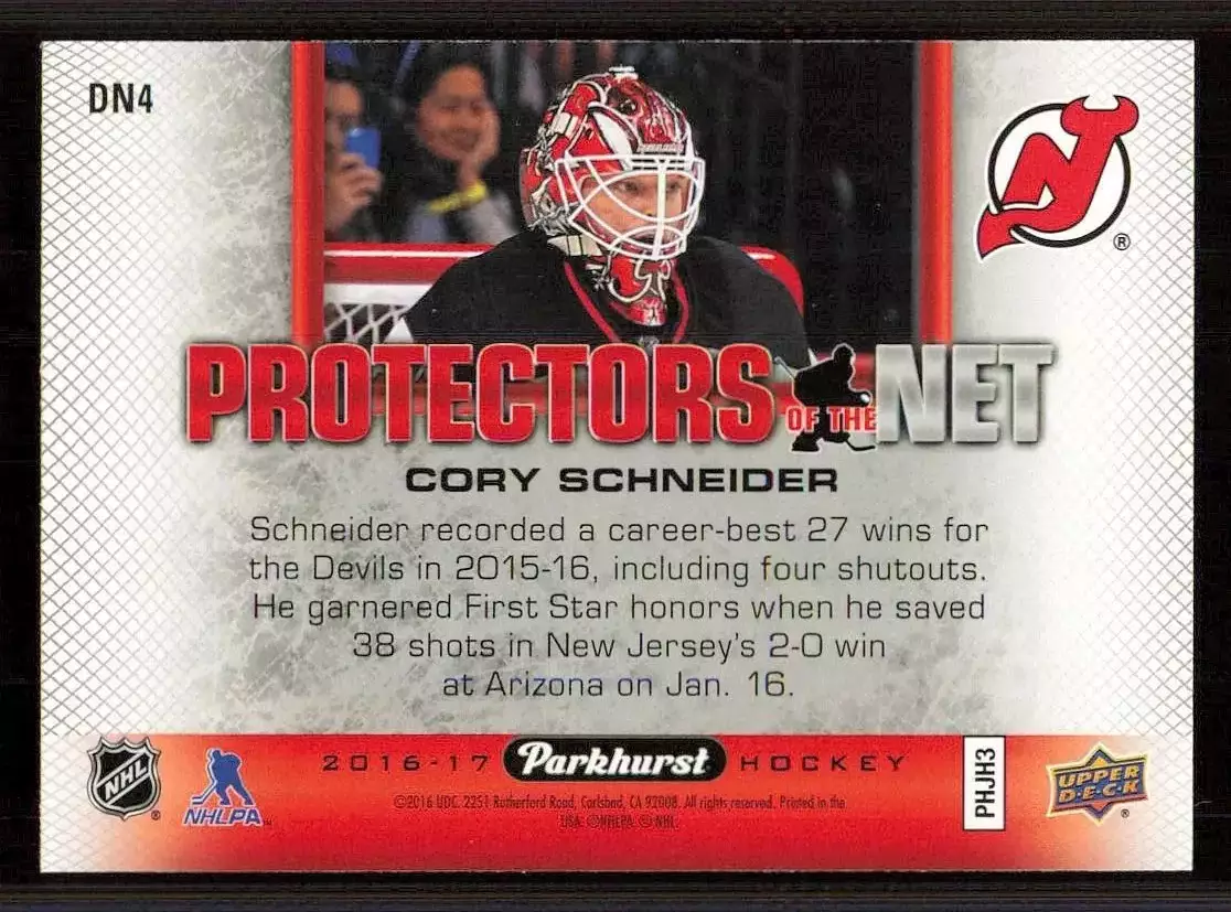 2016-17 Parkhurst Protectors Of The Net #DN4 Cory Schneider 1