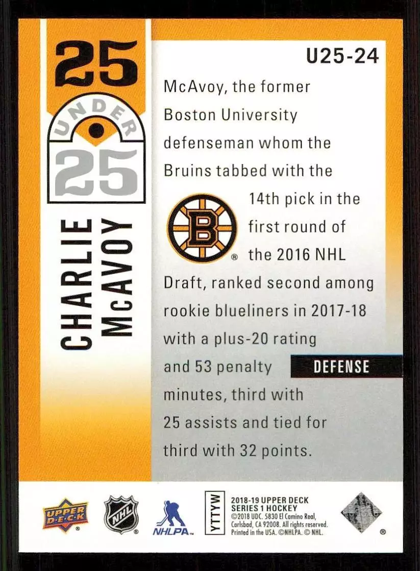 2018-19 Upper Deck 25 Under 25 #U2524 Charlie McAvoy 1