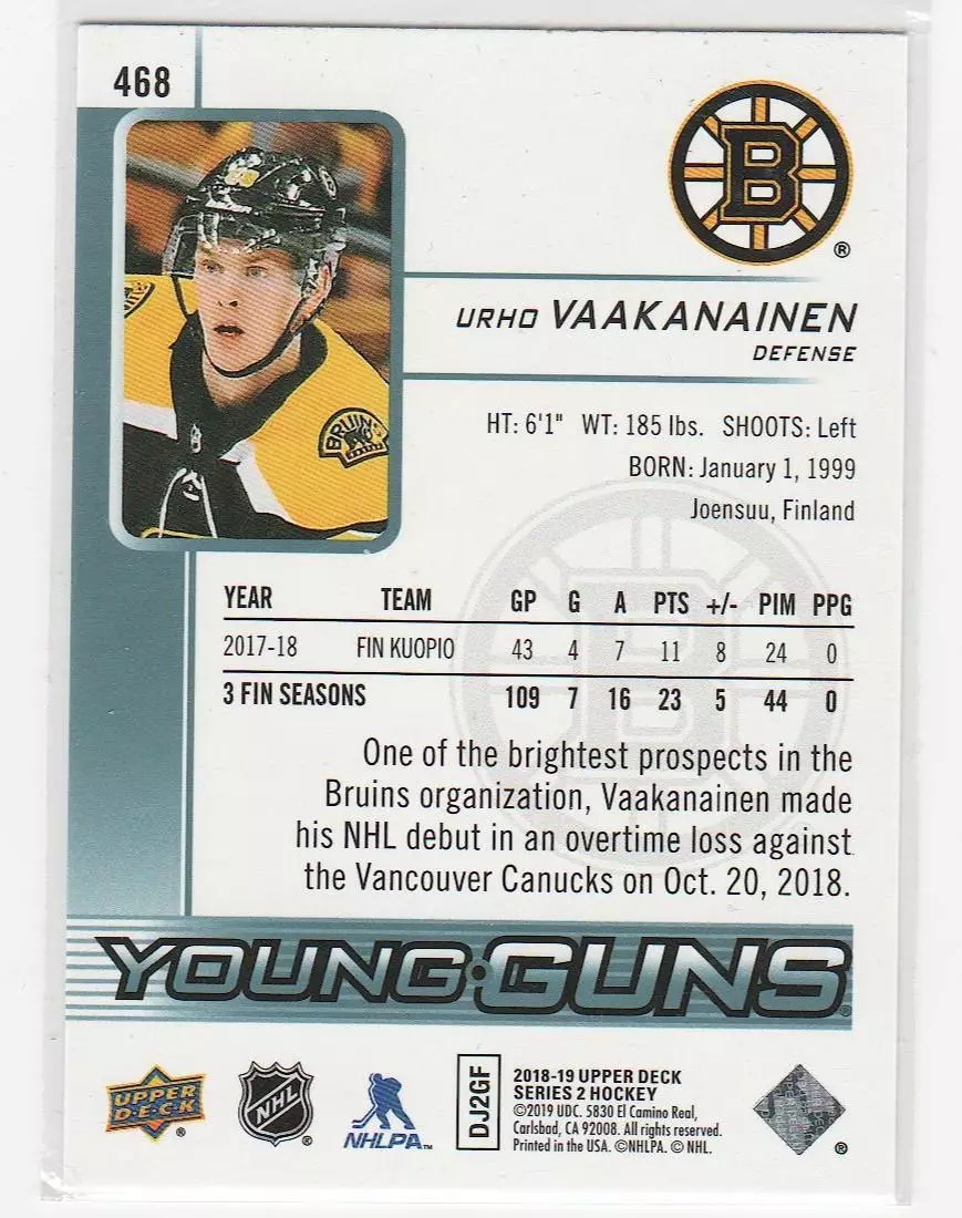 2018-19 Upper Deck #468 Urho Vaakanainen YG RC 1