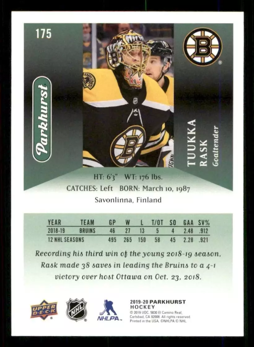 2019-20 Parkhurst #175 Tuukka Rask 1