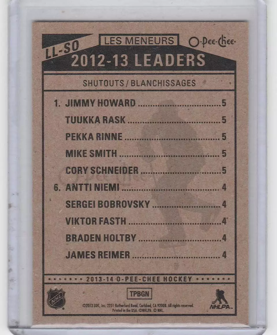 2013-14 O-Pee-Chee League Leaders #LLSO Jim Howard/Tuukka Rask/Pekka Rinne 1