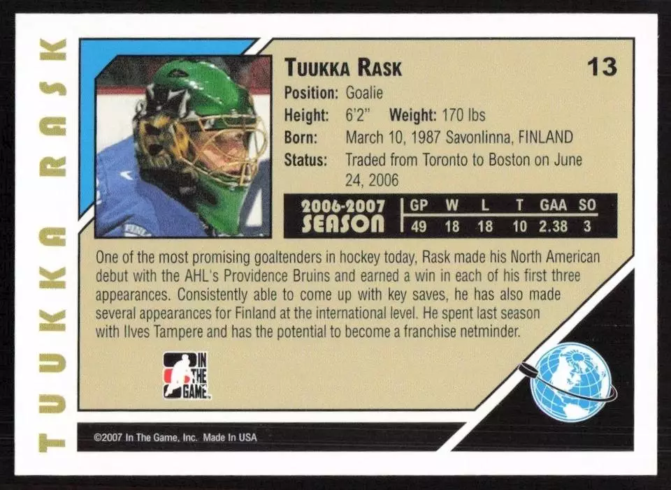 2007-08 ITG Heroes and Prospects #13 Tuukka Rask 1
