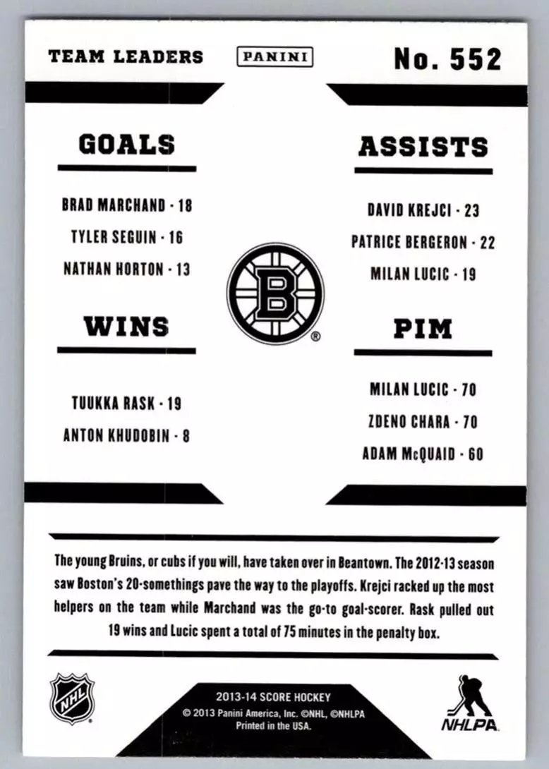 2013-14 Score #552 Rask TL/Marchand/Krejci/ Lucic 1