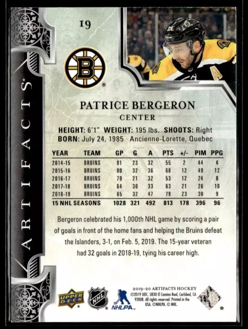 2019-20 Artifacts #19 Patrice Bergeron 1