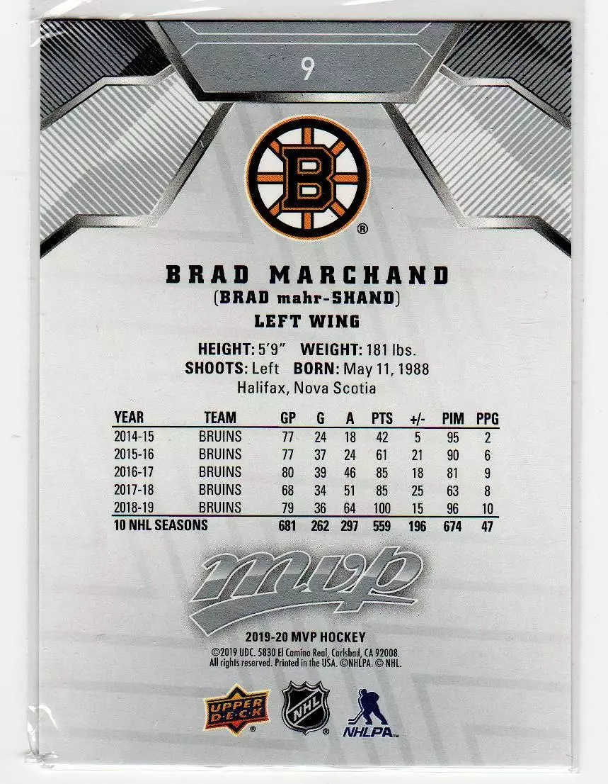 2019-20 Upper Deck MVP Silver Script #9 Brad Marchand 1