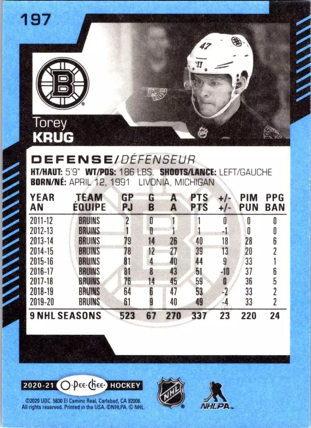 2020-21 O-Pee-Chee Blue #197 Torey Krug 1