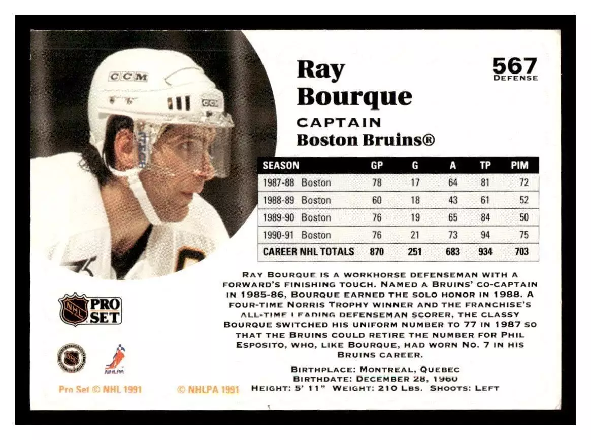 1991-92 Pro Set #567 Ray Bourque CAP 1