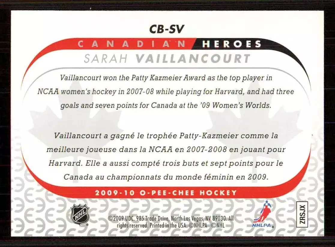 2009-10 O-Pee-Chee Canadian Heroes #CBSV Sarah Vaillancourt 1