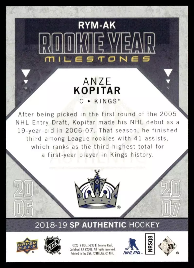2018-19 SP Authentic Rookie Year Milestones #RYMAK Anze Kopitar 1