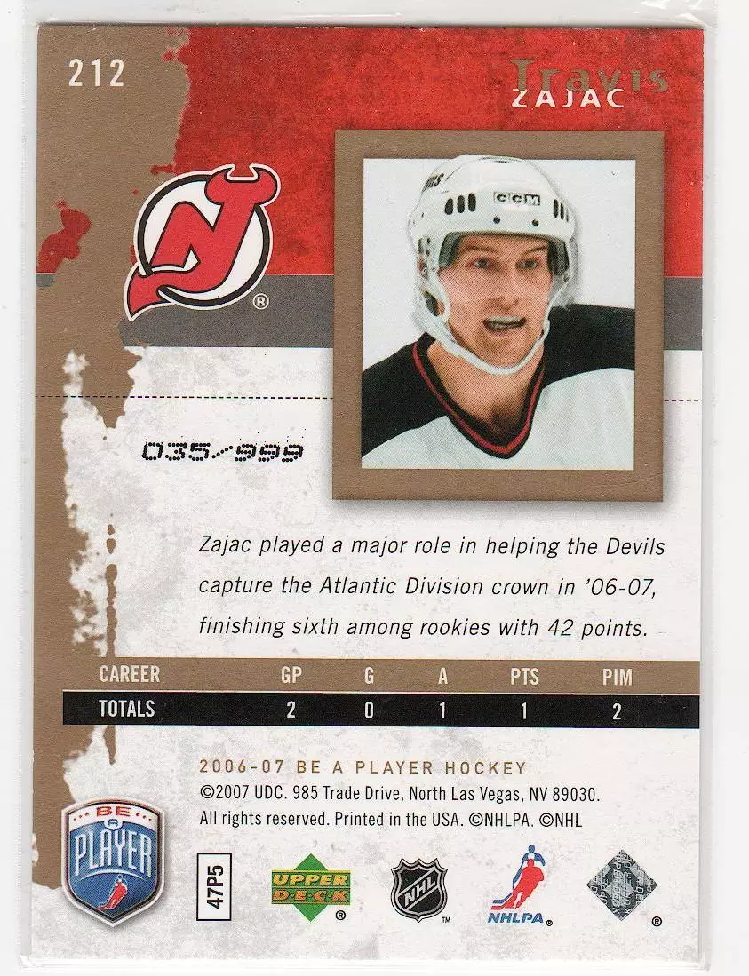 2006-07 Be A Player #212 Travis Zajac RC 035\999 1