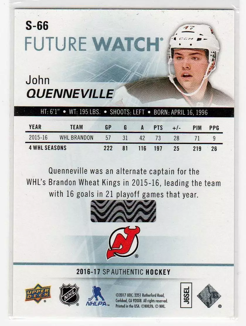 2016-17 SP Authentic Spectrum FX #S66 John Quenneville FW 1